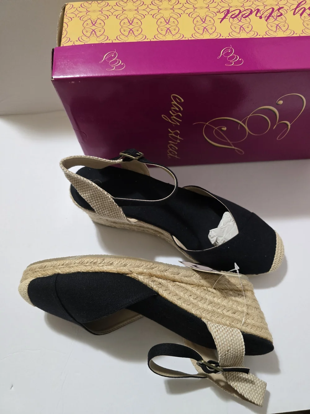 easy street Black and Natural Espadrille Wedge Sandals